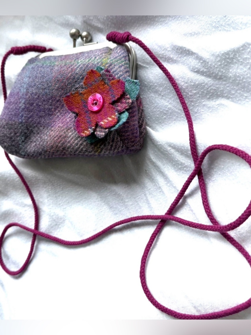 Ness Scotland Authentic Tweed Kiss Lock Coin Purse Shoulder Bag Wallet